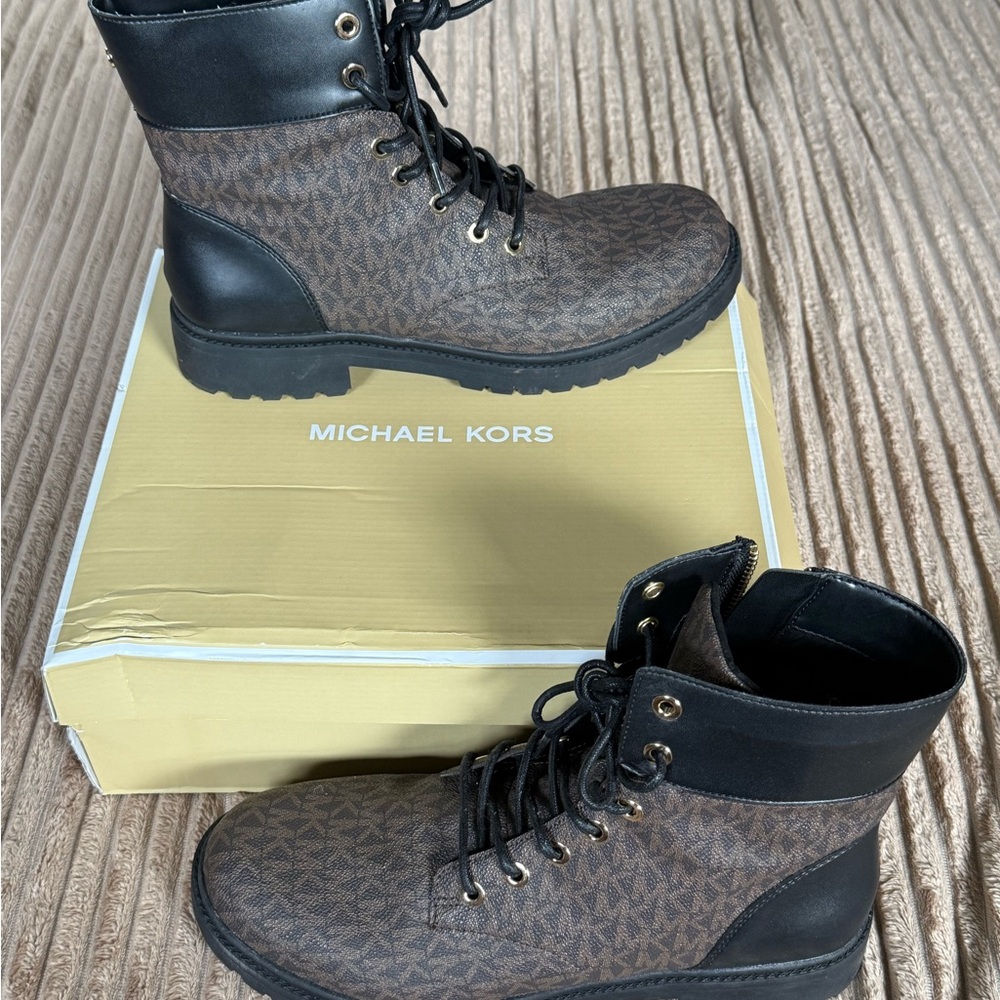 Michael Kors Black and Brown Lace-Up Alistair Signature Logo Combat Boot